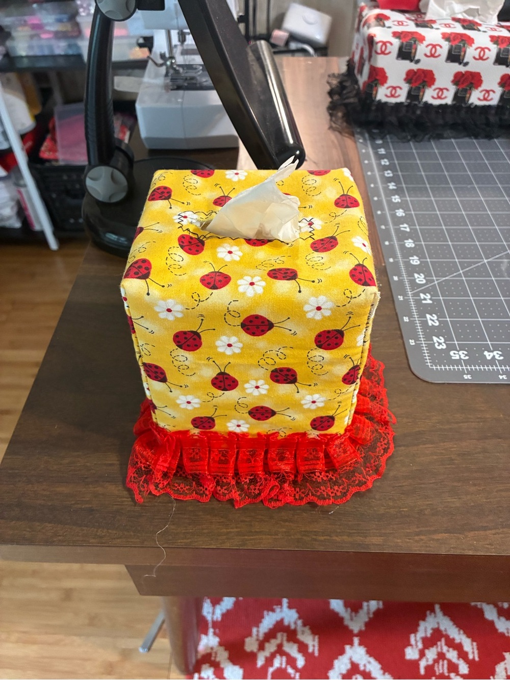 Handmade Ladybug Print Tissue Box Cover with Red Lace